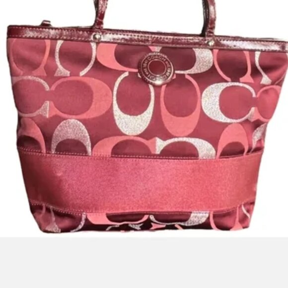 Coach Signature "C" Metallic Stripe Tote Silver Maroon H1276-F20429 Re-worked* - Picture 1 of 17